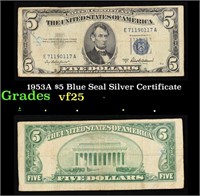 1953A $5 Blue Seal Silver Certificate Grades vf+