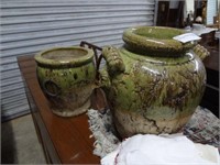 2X$ Pottery Vases W/Metal Ring Handles