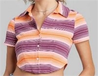 Sz XS Women's Short Sleeve Button-Front Fitted NEW