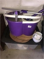 Mop bucket and tote with misc dishes