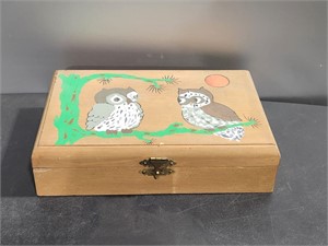 Wooden Box with Painted Owls