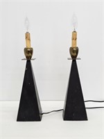 PAIR OF BRASS OBELISK TABLE LAMPS - NO SHADES