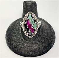 Sterling Emerald/Ruby/Sapphire Ring 7 Gr Size 9.5