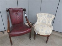 RED LEATHER ARMCHAIR & UPHOLSTERED MAHOGANY CHAIR