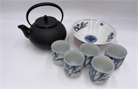 Stoneware Teapot, China Cups & Bowl