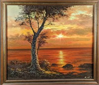 JB Original Framed Oil On Canvas Colorful Sunset