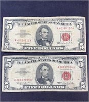 (2) 1963 RED SEAL, LARGE LETTER $5 BILLS