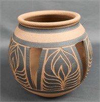 Signed Terra Cotta Clay Carved Candle Pot