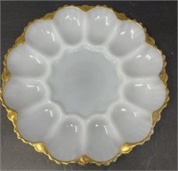 Milk Glass Egg Plate with Gold Rim