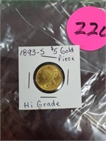 1893S 5 DOLLAR GOLD COIN