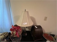 GLASS LAMP, BASKET AND SHADES