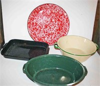 Enamelware Dishpan, Graniteware Tray Lot,