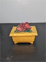 Vintage Lidded Trinket Box Mustard w/ Applied Rose