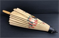 Parasol vintage, bambou et toile peint à la main