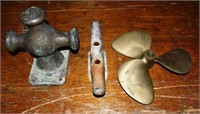 3 nautical artifacts: 12" brass propeller, 8x11"h