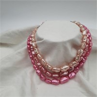 60's Pink Pearlized 3 Strand Necklace - Hong Kong