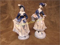 Pair Cobalt Blue and White Lady Figurines Japan