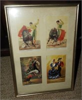 (4) framed mid-century style Spanish post cards