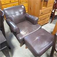 LEATHER ARMCHAIR & OTTOMAN - CAT SCRATCHED & WORN