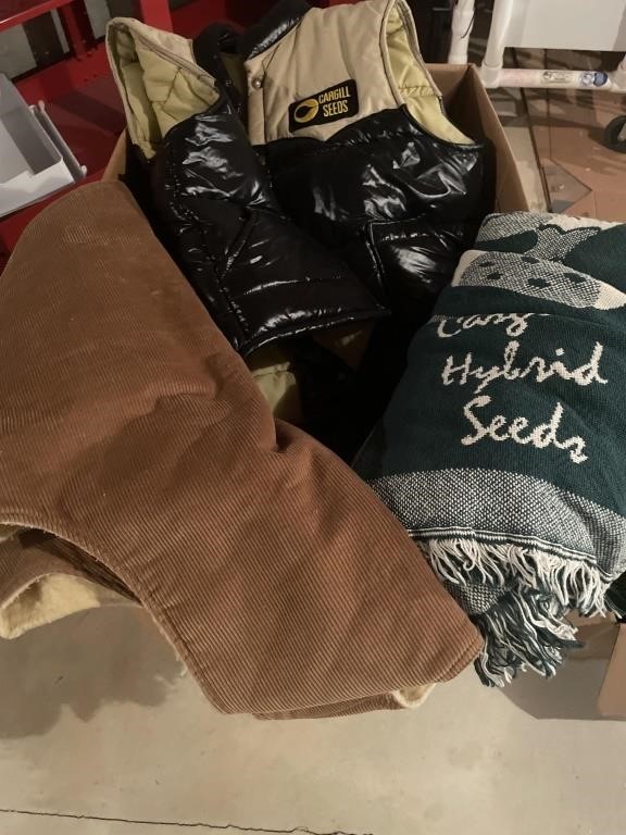 seed corn jackets, vest and blankets