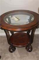 GORGEOUS WOOD, IRON, GLASS TOP SIDE TABLE