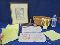 basket of sewing items -framed poem -crochet pcs