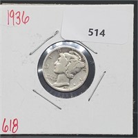 1936 90% Silver Mercury Dime 10 Cents