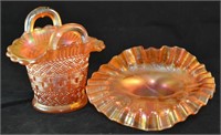 Marigold Depression Glass Basket & Bowl