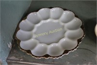 MILK GLASS EGG PLATE WITH GOLD TRIM