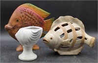 (L) Fish & Seashell Statues. Ceramic Glazed Fish