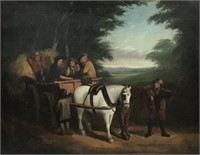 Lg. Painting of People in Horse-Drawn Cart.