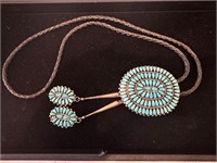 Signed Zuni Silver & Turquoise Bolo Tie