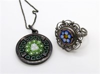 GLASS FLOWER NECKLACE & MOSAIC RING