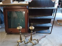 Pair brass andirons and wood shelf and hanger