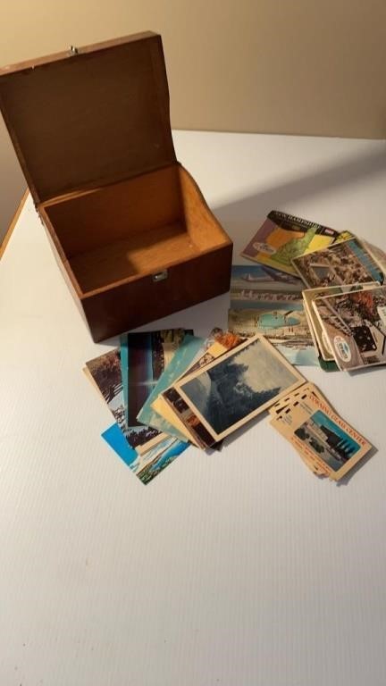Vintage post cards, maps and wooden box and view