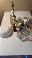Vintage bottles, milk glass lamp and other dishes
