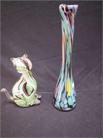 Two multi-colored art glass items: 6 1/2" cat and