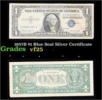 1957B $1 Blue Seal Silver Certificate Grades vf+