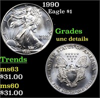 1990 Silver Eagle Dollar $1 Grades Unc Details