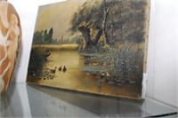 Oil On Canvas Fisherman On Pond Signed H. Fellick