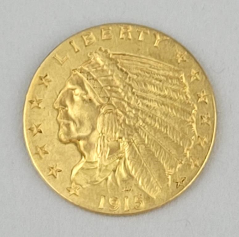 1915 Fine Gold Two and One Half Dollar Coin.