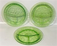DESIRABLE SET OF 3 DIVIDED PLATES - URANIUM GLASS