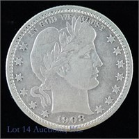 1908-D Silver Barber Quarter (XF+)