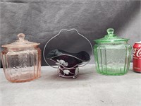 2 Depression glass cracker jars and ruby bowl in