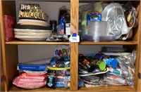 Two Shelves of Party Plates, Cups, Napkins, etc.