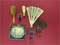 Estate Hair Combs; fan, purse, and more