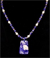 Blue gemstone & pearl bead necklace & pendant