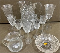 Etched Stemware, Pitcher & Ashtray