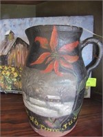 Redware Milk Pitcher: Painted with Cabin Scene, "
