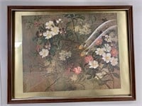 Chinese floral bird print with vintage frame